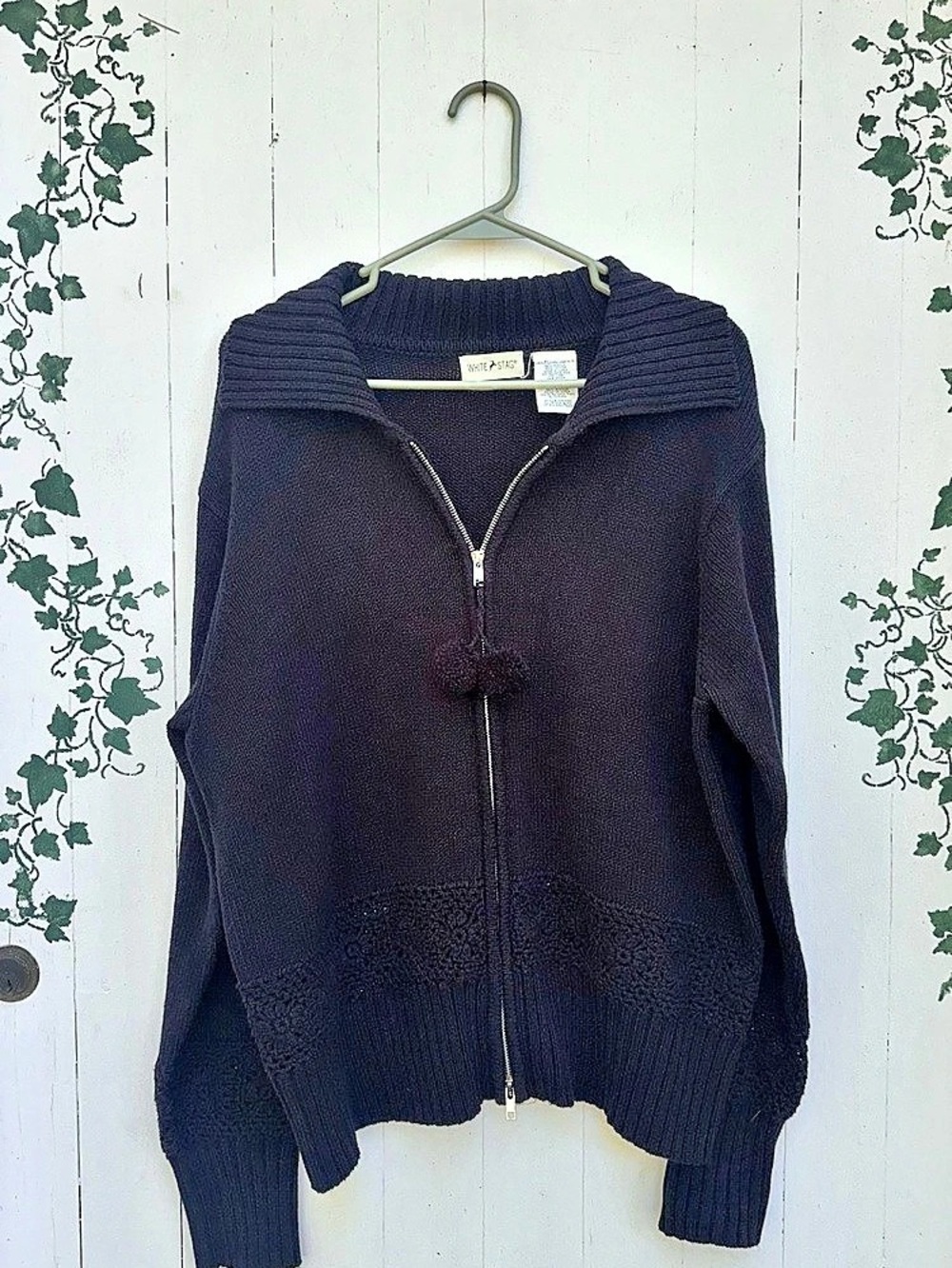 NWT 100% Cotton 90s Vintage Deadstock Crochet White Stag Black Zip Cardigan XL
